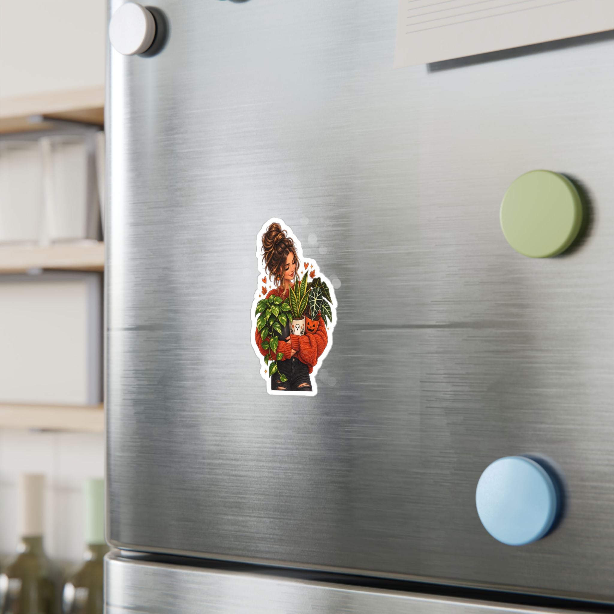 Plant Mom Kiss-Cut Vinyl Sticker — Cozy Girl Holding Houseplants (Fall/Autumn)