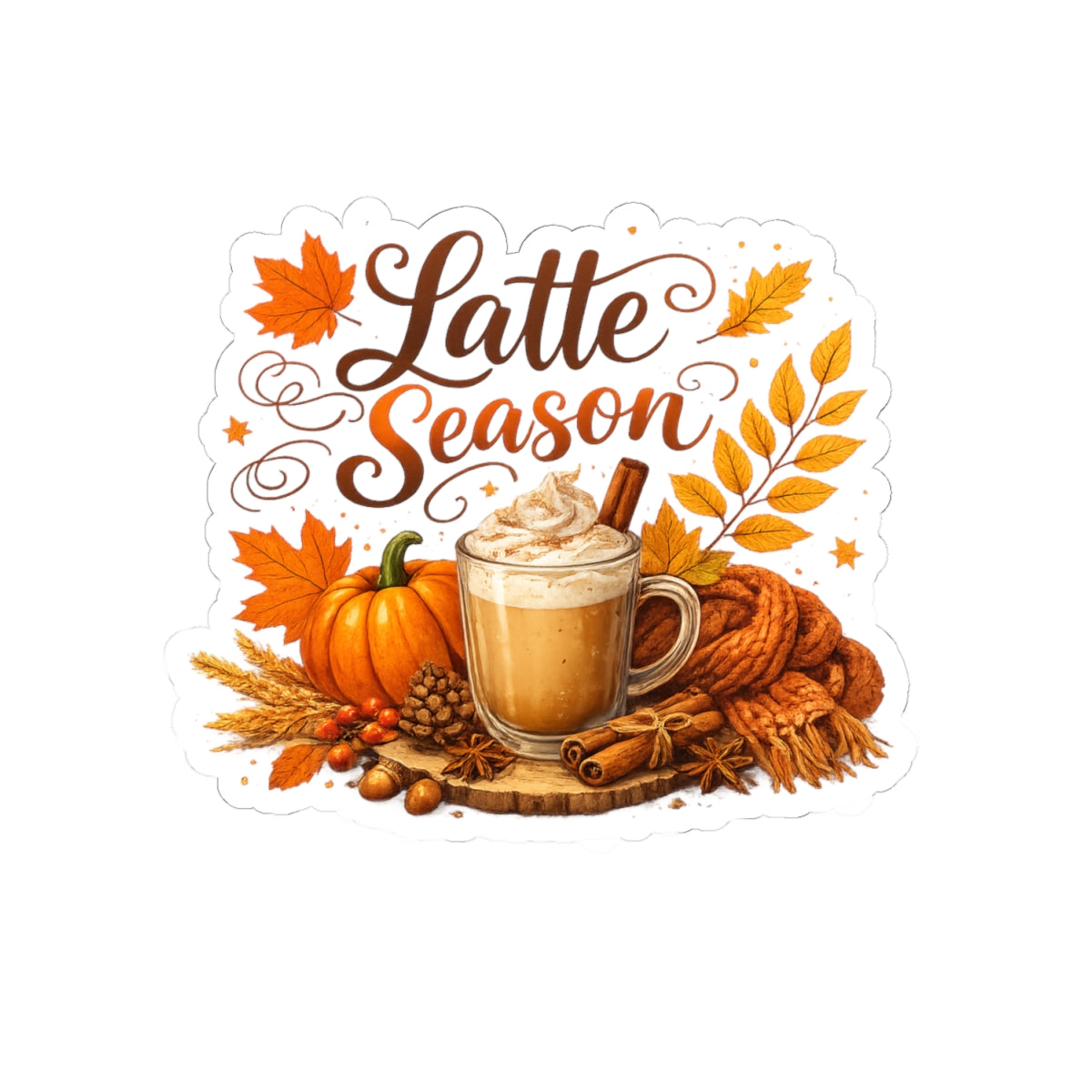 Latte Season Sticker — Fall Pumpkin Spice Coffee Kiss-Cut Decal