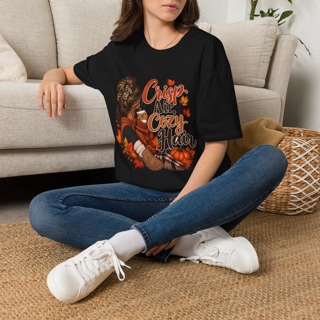 Cozy Fall Tee - "Crisp Air, Cozy Hair" Autumn Graphic T-Shirt