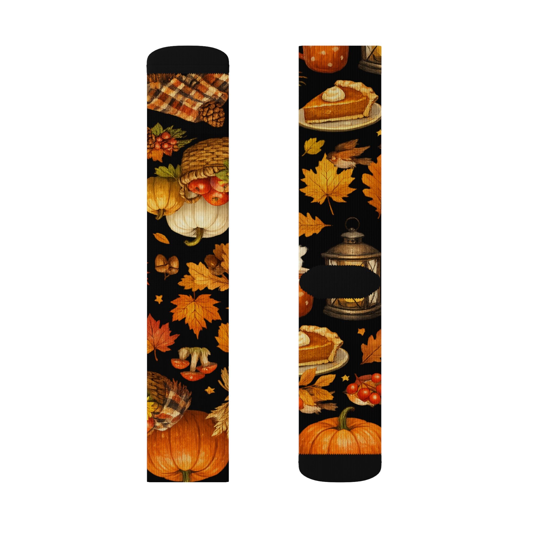Autumn Harvest Sublimation Socks — Pumpkin Pie, Lanterns & Fall Leaves Pattern