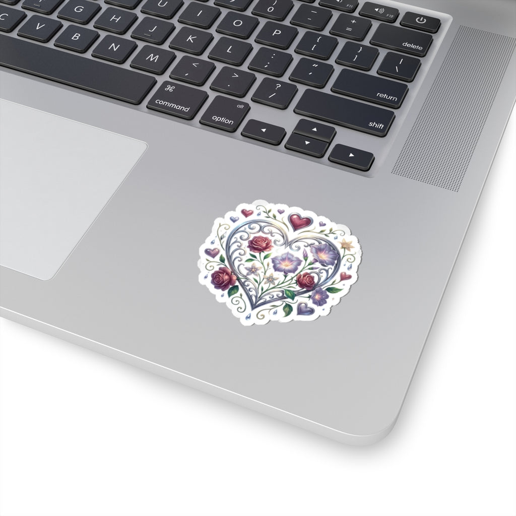 Floral Heart Kiss-Cut Sticker — Romantic Rose & Morning Glory Decorative Decal