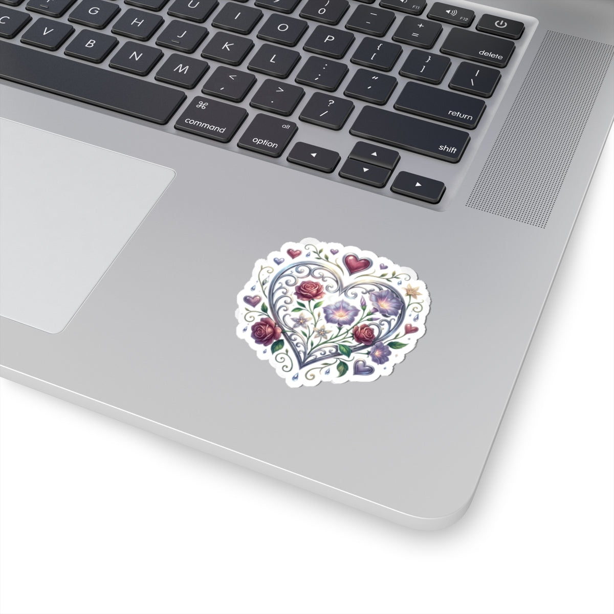 Floral Heart Kiss-Cut Sticker — Romantic Rose & Morning Glory Decorative Decal