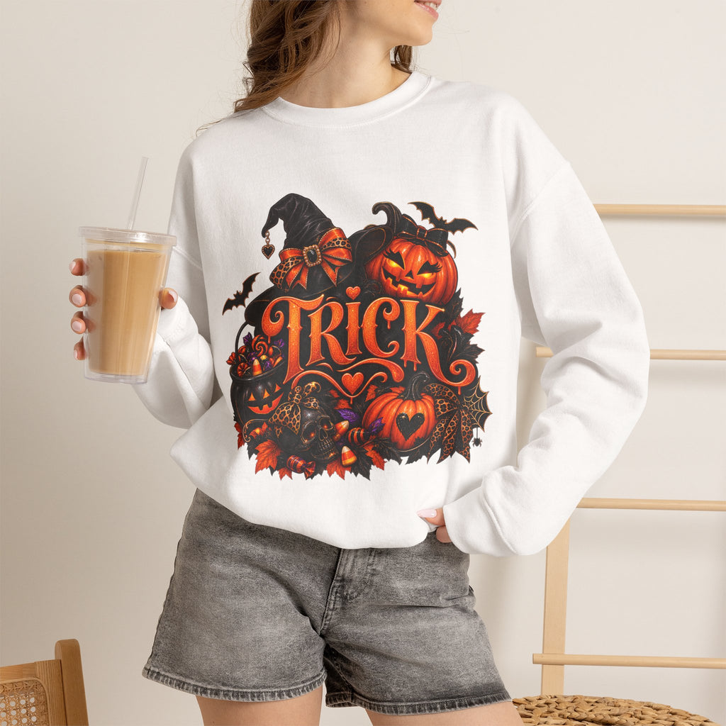 Halloween 'Trick' Crewneck Sweatshirt – Pumpkin, Witch Hat & Bat Fall Graphic
