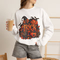 Halloween 'Trick' Crewneck Sweatshirt – Pumpkin, Witch Hat & Bat Fall Graphic