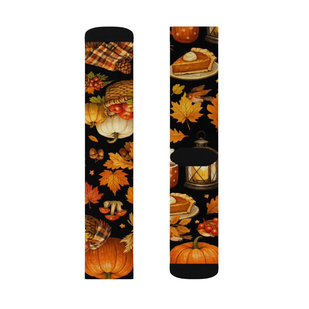 Autumn Harvest Sublimation Socks — Pumpkin Pie, Lanterns & Fall Leaves Pattern