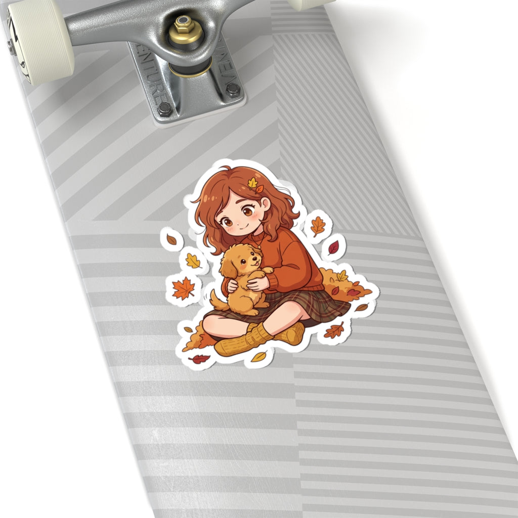 Autumn Girl with Puppy Kiss-Cut Sticker — Cute Fall Laptop Sticker
