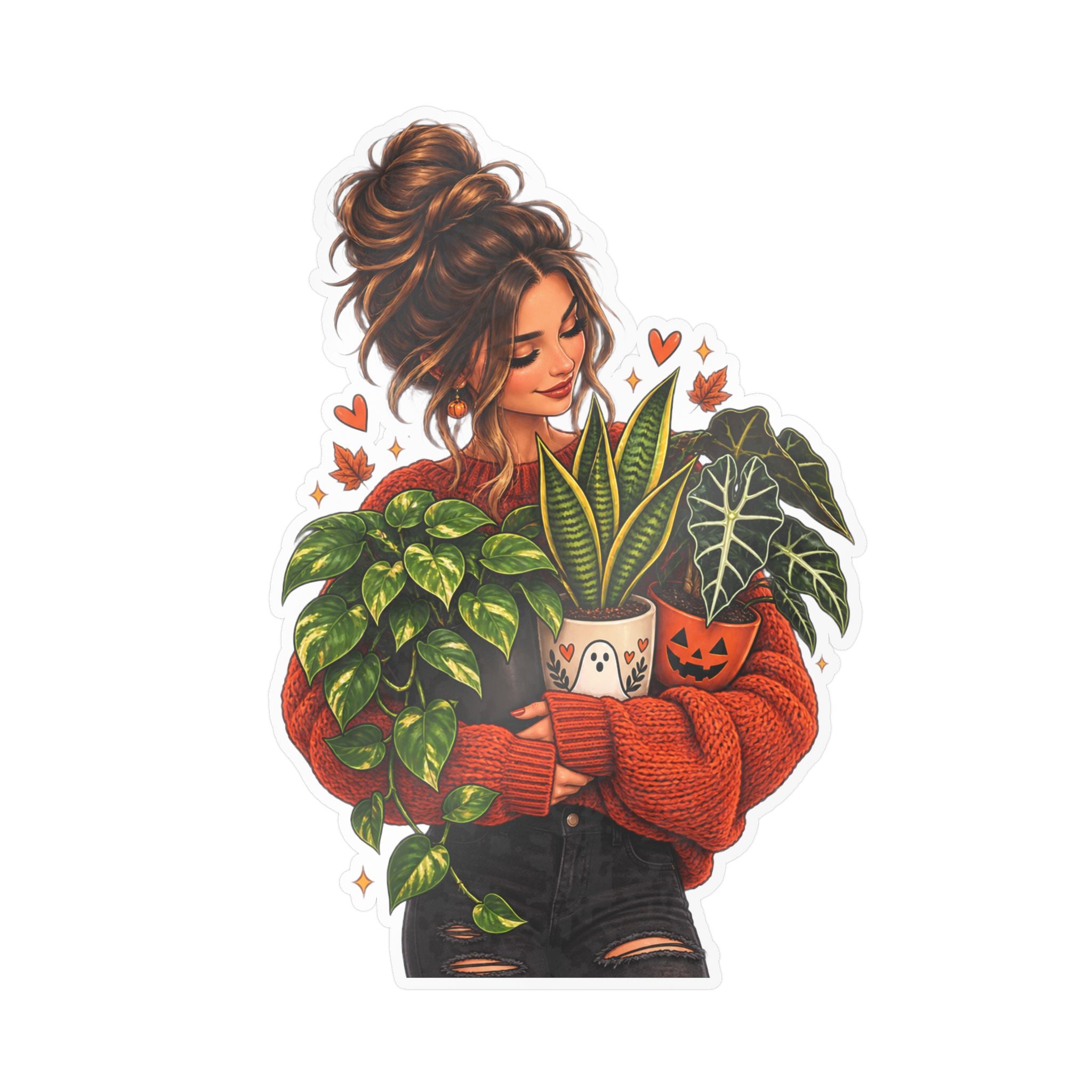Plant Mom Kiss-Cut Vinyl Sticker — Cozy Girl Holding Houseplants (Fall/Autumn)