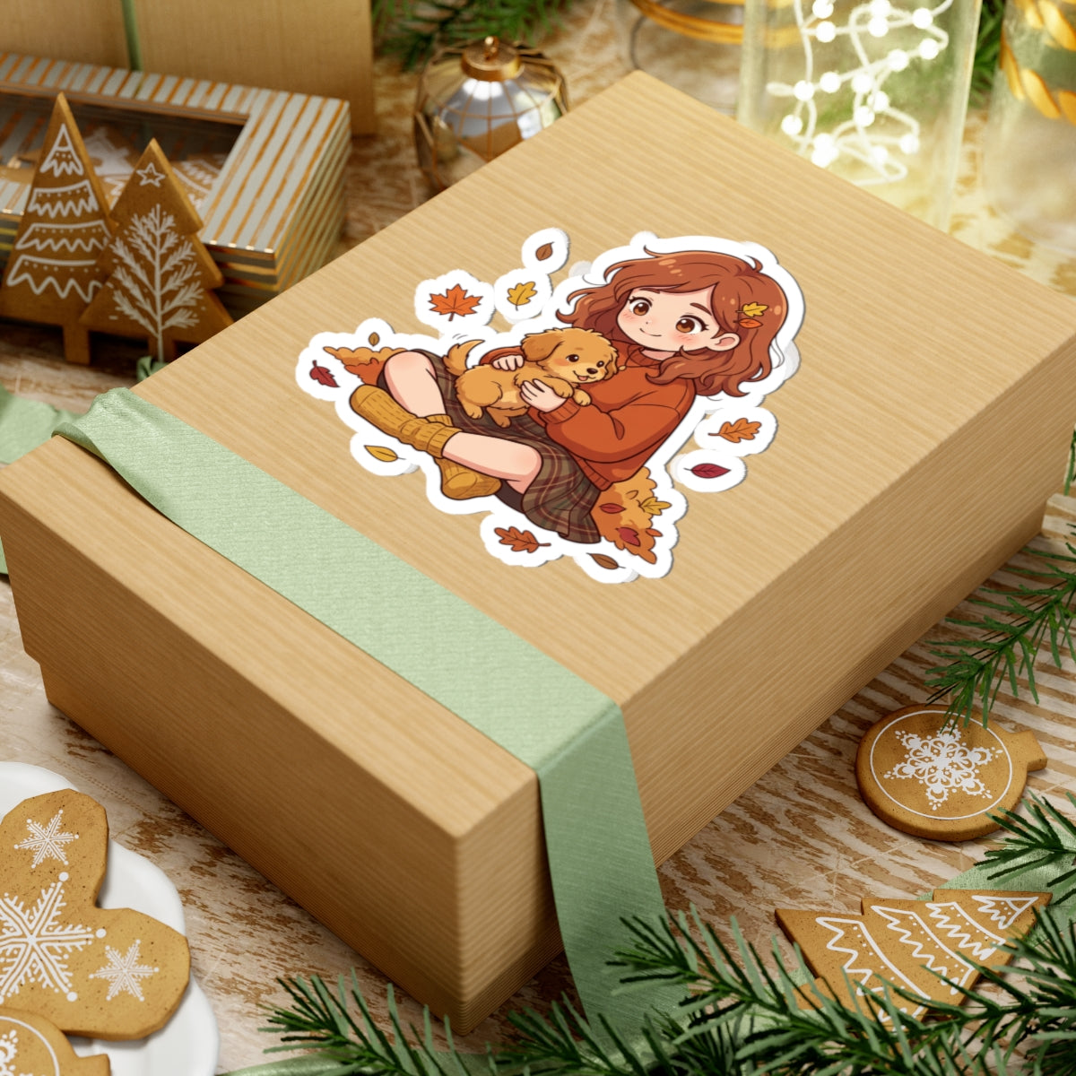 Autumn Girl with Puppy Kiss-Cut Sticker — Cute Fall Laptop Sticker