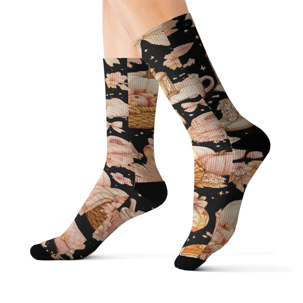 Floral Lantern Sublimation Socks — Black Rose Garden Crew Socks