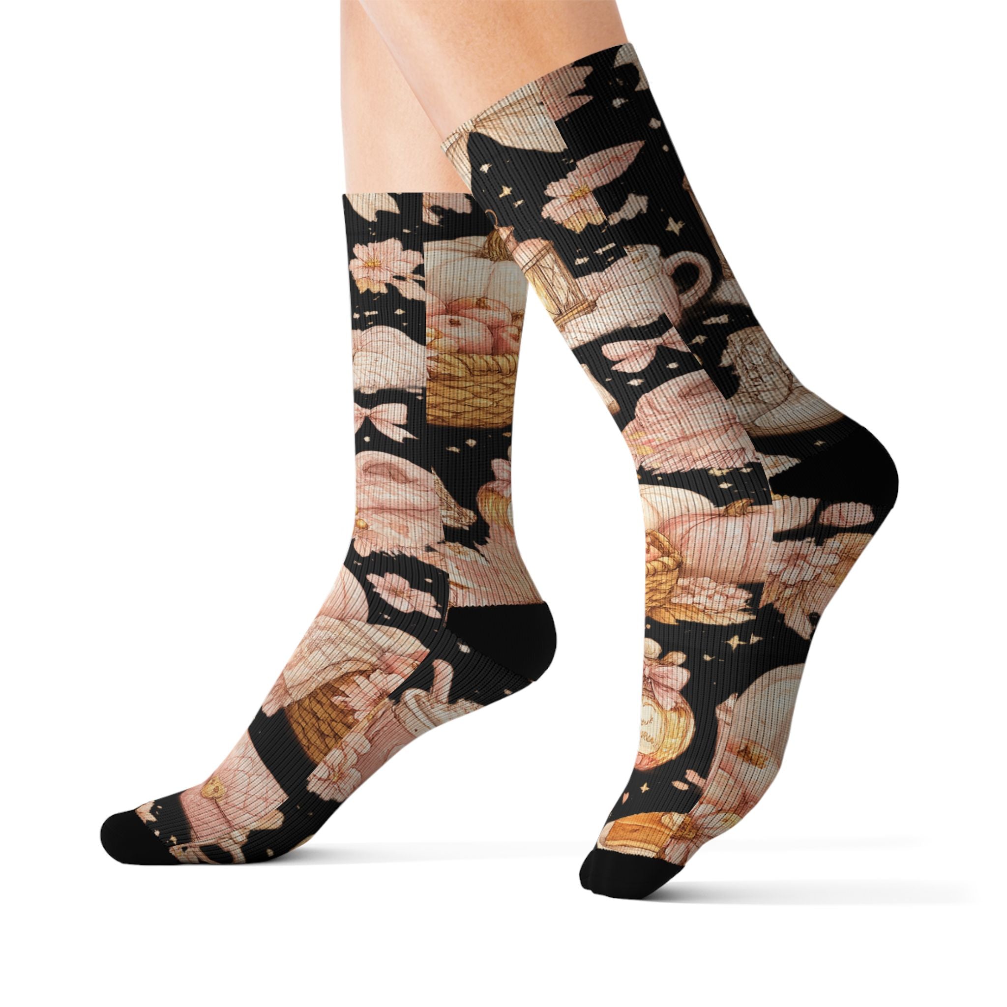 Floral Lantern Sublimation Socks — Black Rose Garden Crew Socks