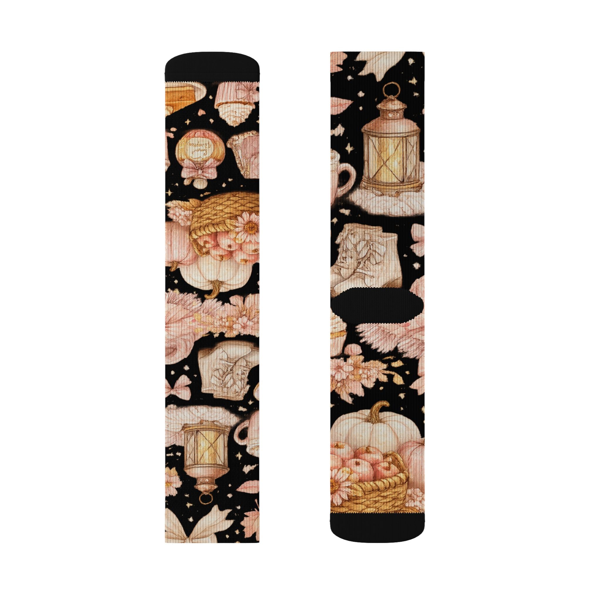 Floral Lantern Sublimation Socks — Black Rose Garden Crew Socks