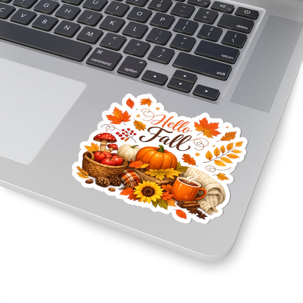 Hello Fall Sticker — Autumn Pumpkins, Leaves & Cozy Mug Kiss-Cut Sticker