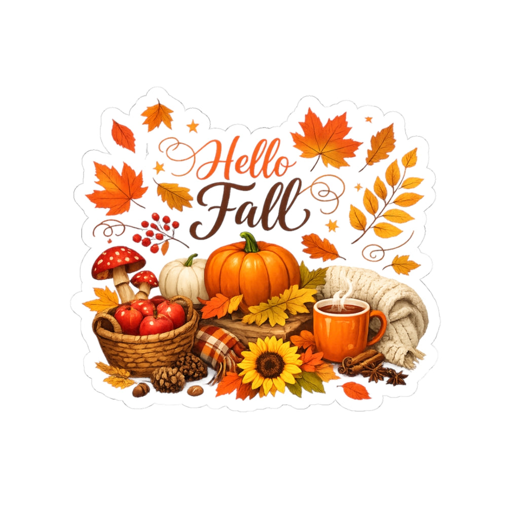 Hello Fall Sticker — Autumn Pumpkins, Leaves & Cozy Mug Kiss-Cut Sticker