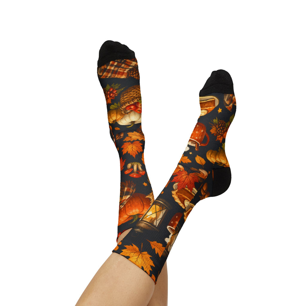 Autumn Harvest Sublimation Socks — Pumpkin Pie, Lanterns & Fall Leaves Pattern
