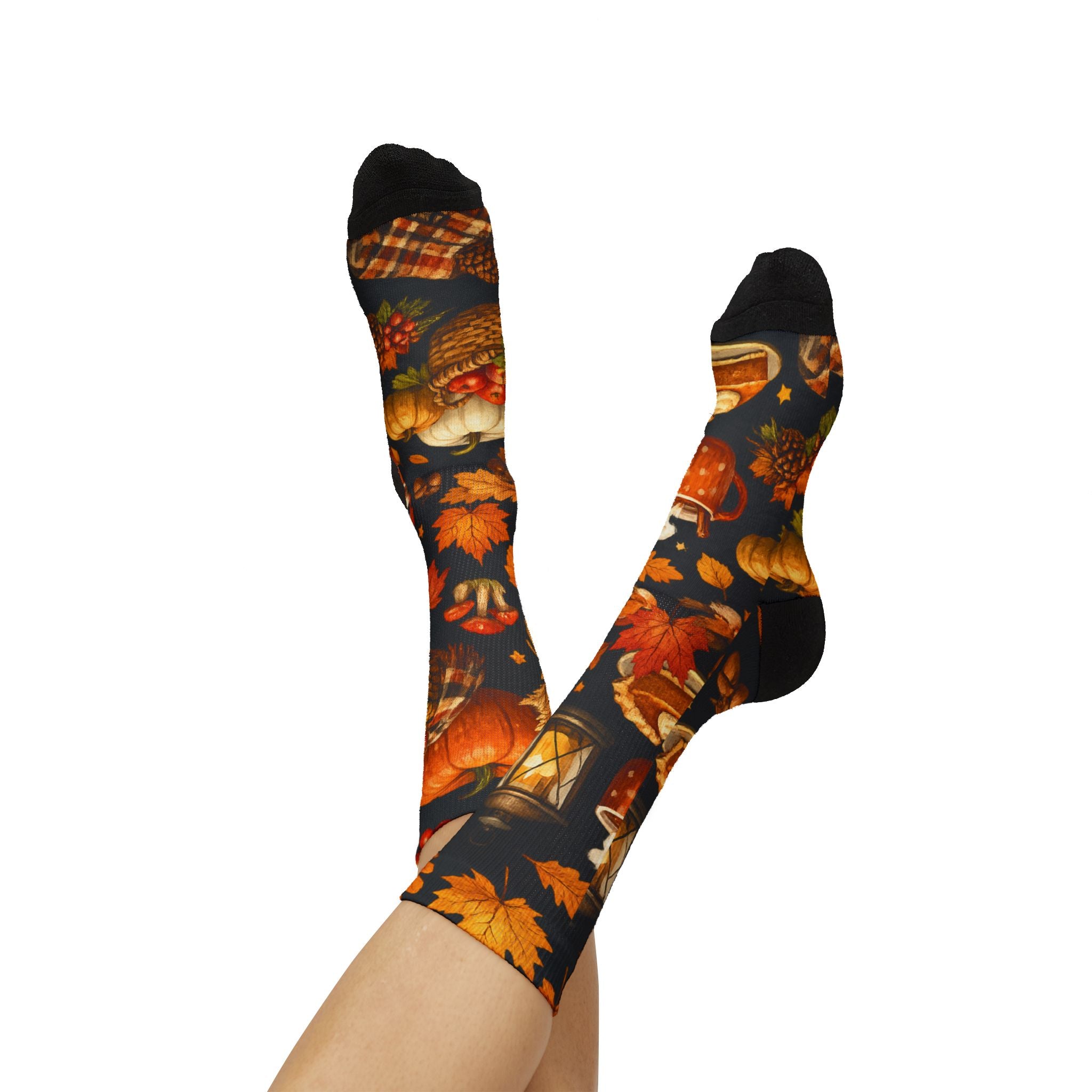 Autumn Harvest Sublimation Socks — Pumpkin Pie, Lanterns & Fall Leaves Pattern