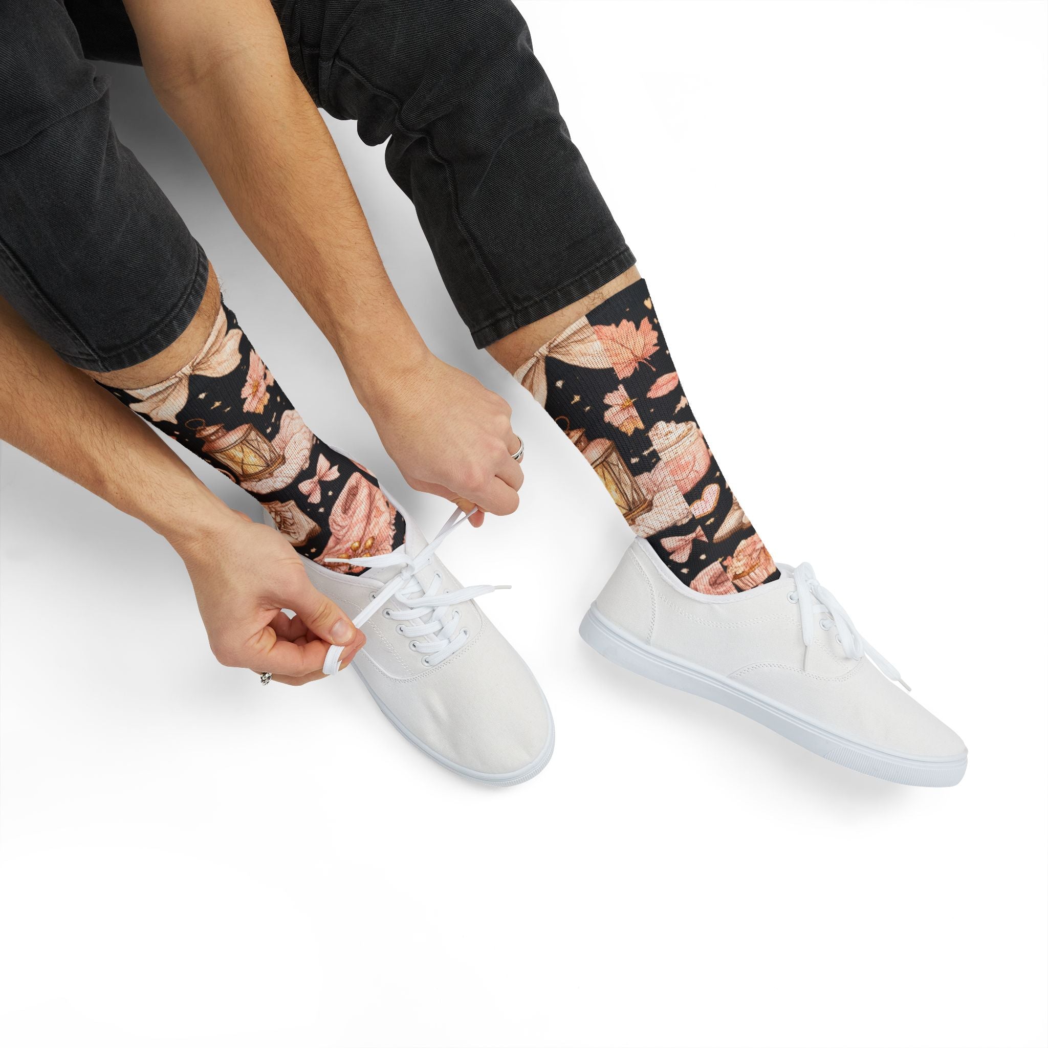 Floral Lantern Sublimation Socks — Black Rose Garden Crew Socks