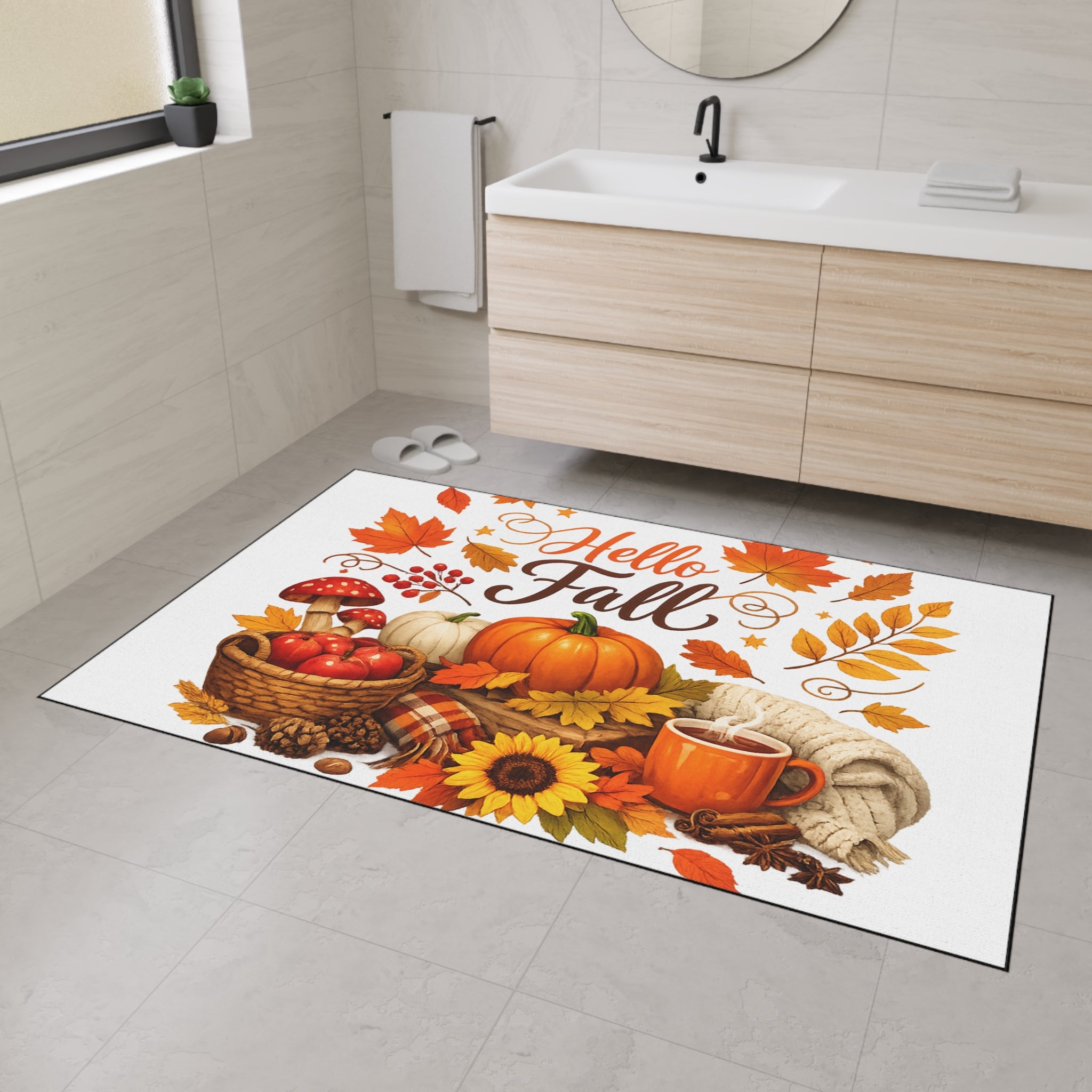 Hello Fall Heavy Duty Floor Mat — Autumn Pumpkin & Leaves Doormat
