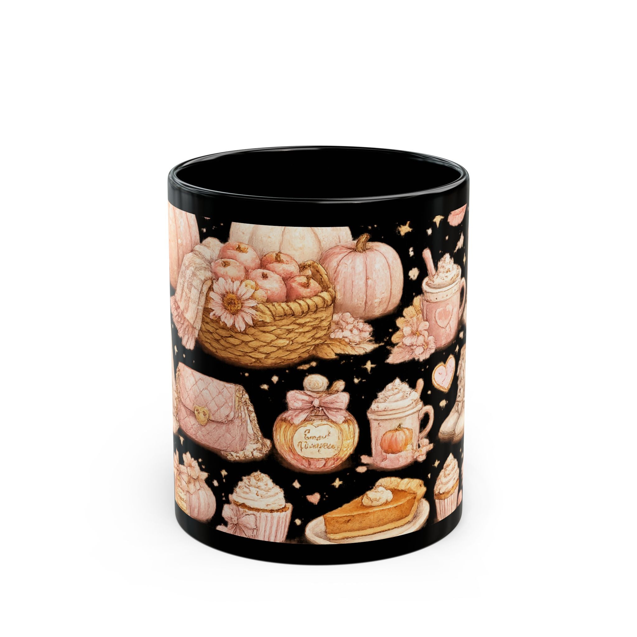Autumn Cozy Pattern Mug — Pumpkin, Lantern & Warm Dessert Black Coffee Cup