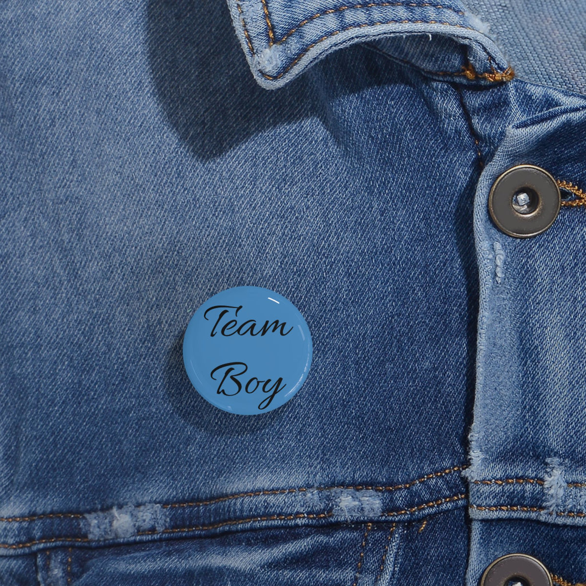 Team Boy Round Pin Button — Blue Gender Reveal/Announcement Accessory