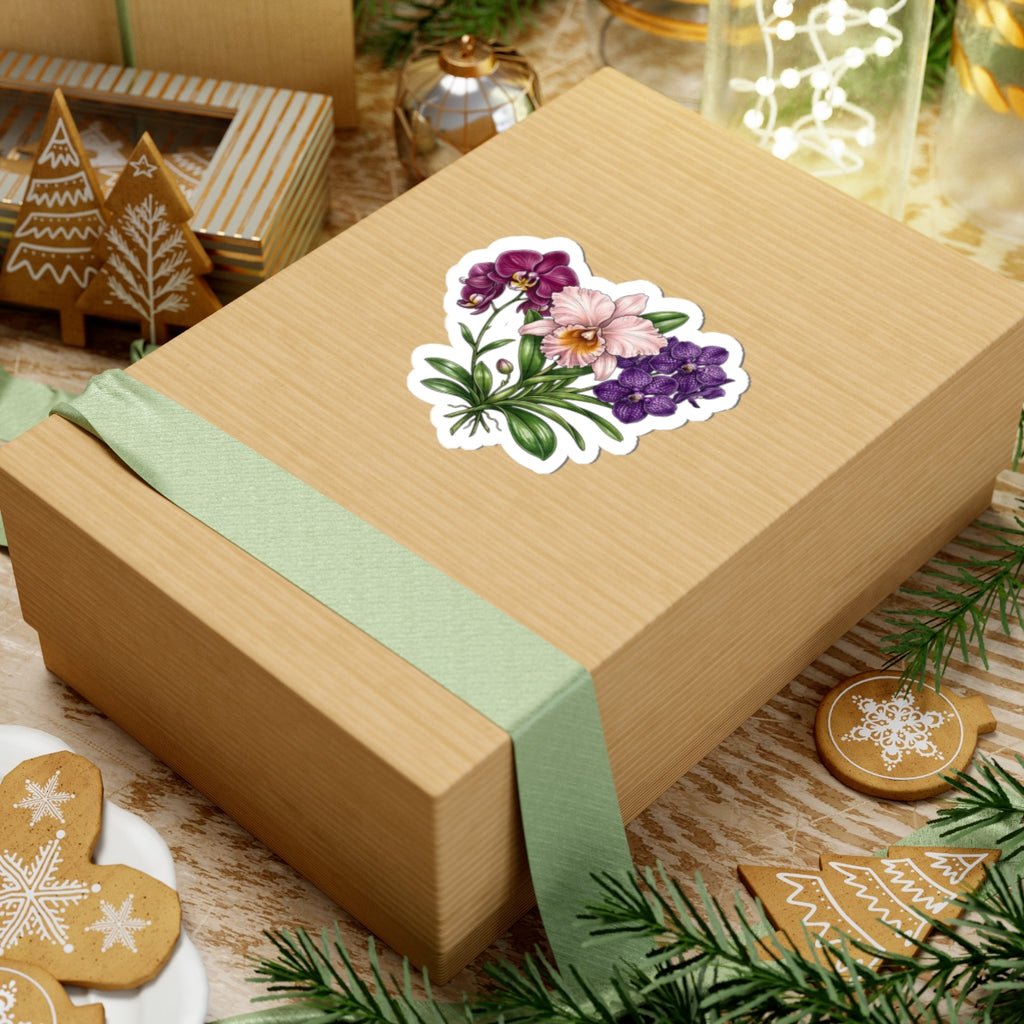 Orchid Bouquet Kiss-Cut Sticker — Purple & Pink Floral Laptop Decal