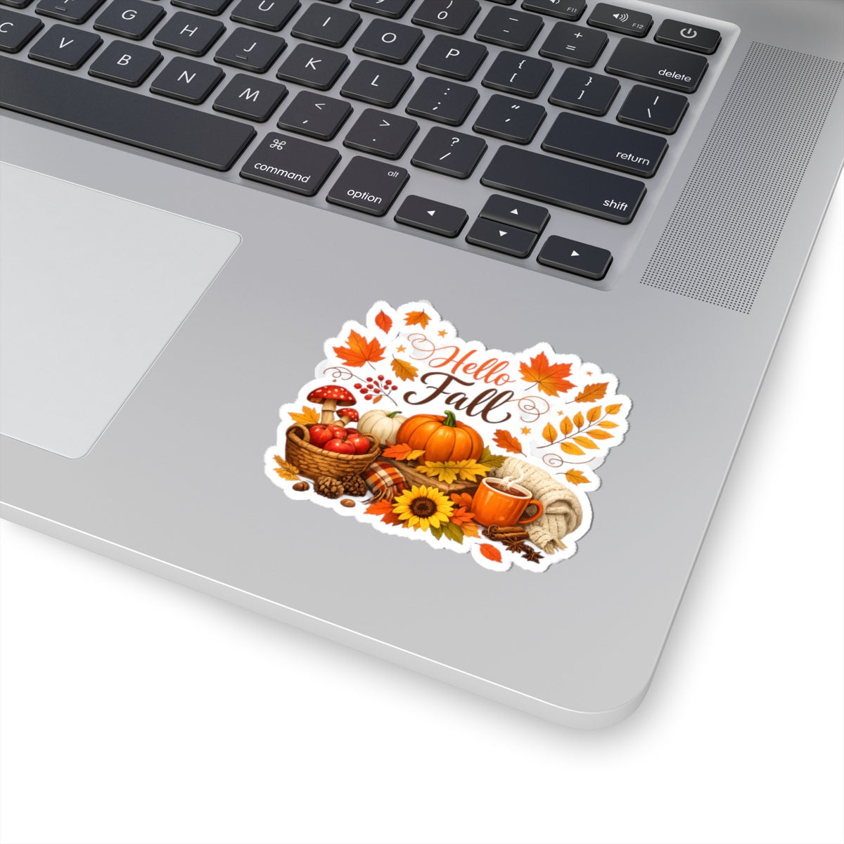 Hello Fall Sticker — Autumn Pumpkins, Leaves & Cozy Mug Kiss-Cut Sticker