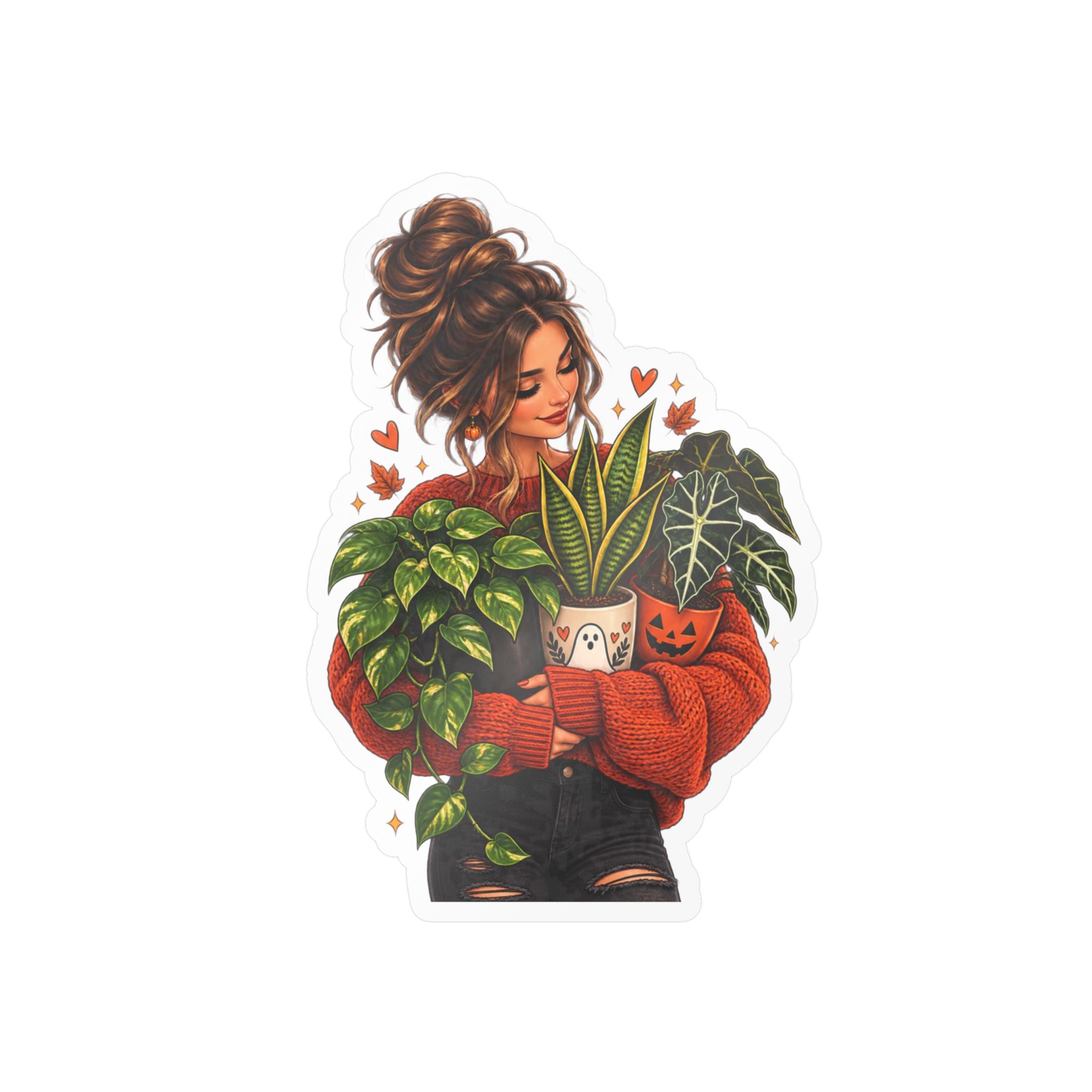 Plant Mom Kiss-Cut Vinyl Sticker — Cozy Girl Holding Houseplants (Fall/Autumn)