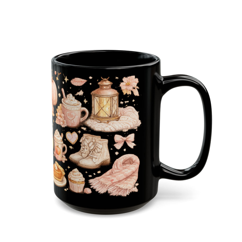 Autumn Cozy Pattern Mug — Pumpkin, Lantern & Warm Dessert Black Coffee Cup