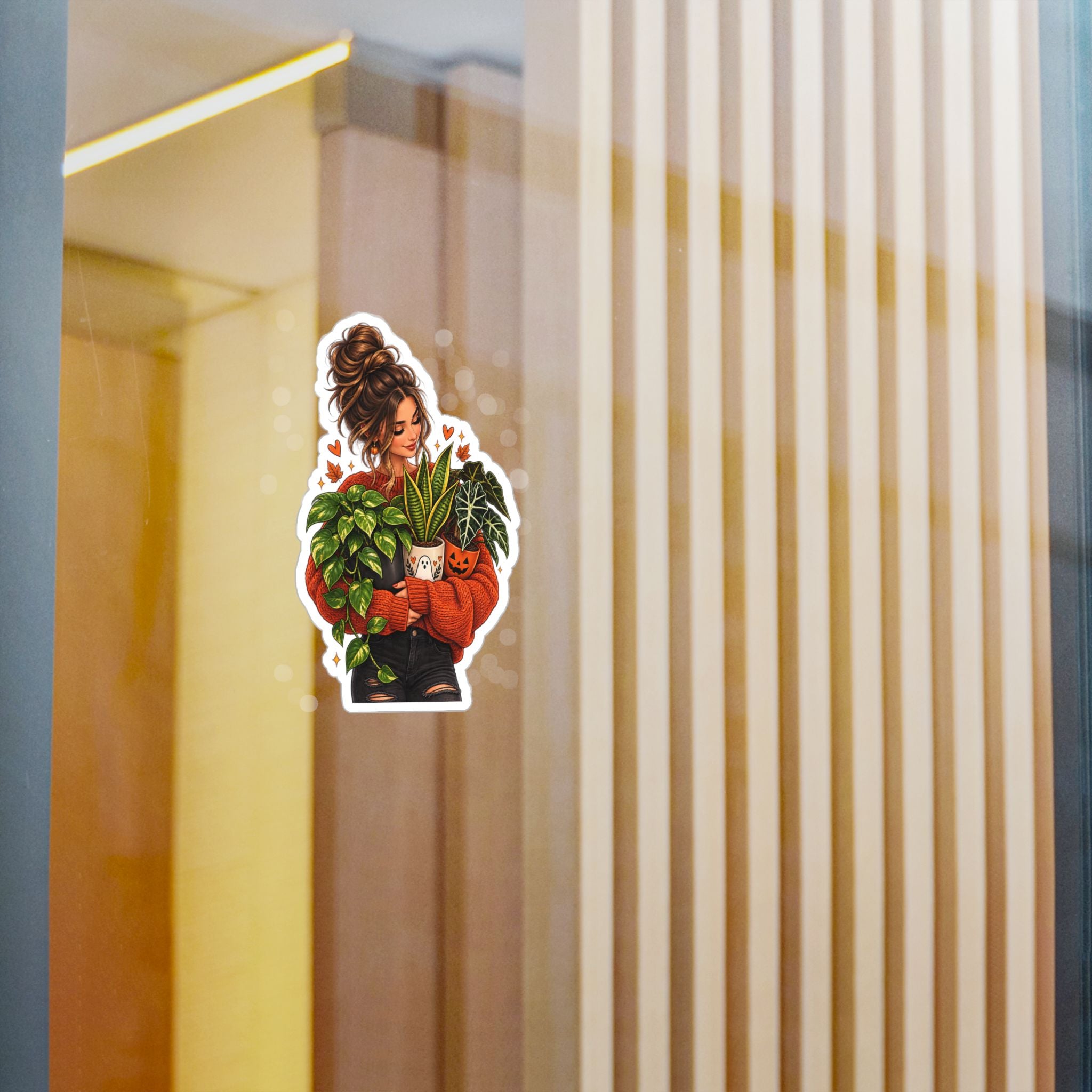 Plant Mom Kiss-Cut Vinyl Sticker — Cozy Girl Holding Houseplants (Fall/Autumn)