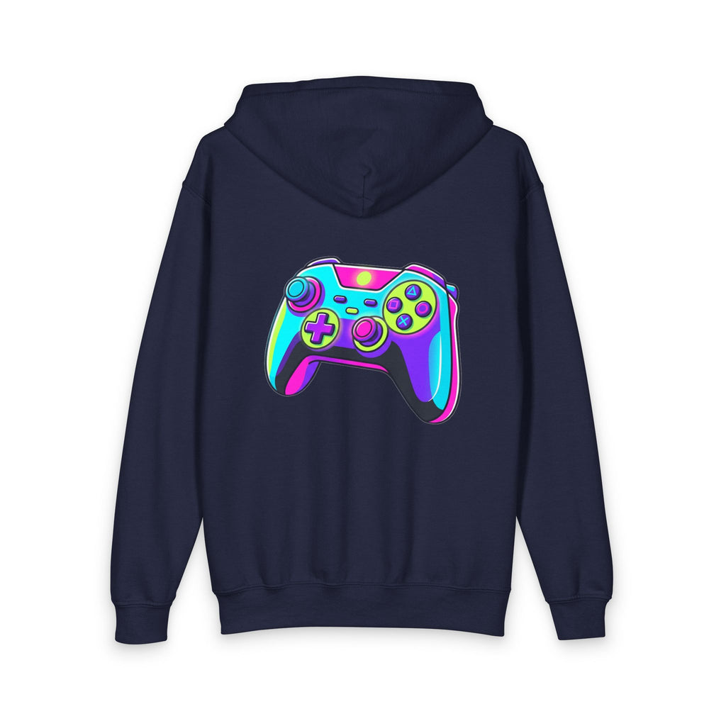 Youth Gamer Zip-Up Hoodie — Neon Retro Game Controller Design