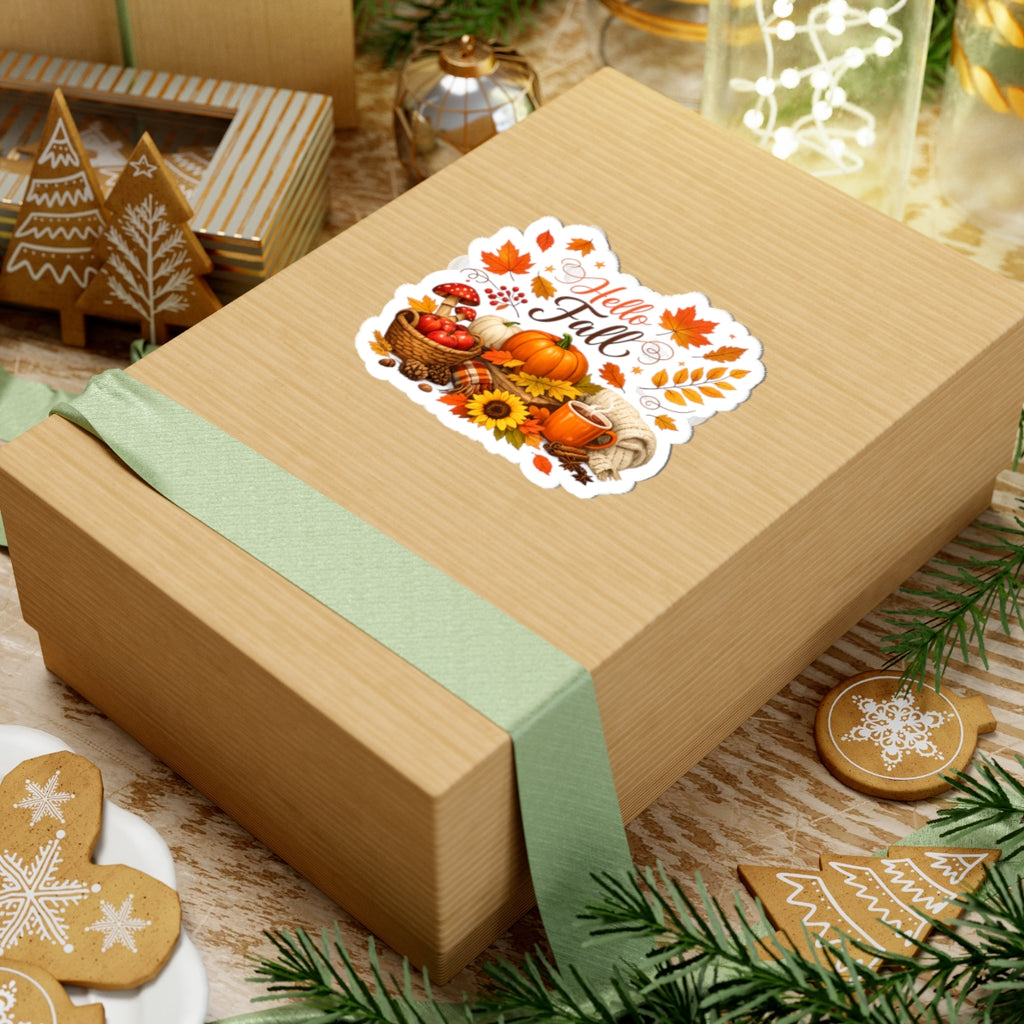 Hello Fall Sticker — Autumn Pumpkins, Leaves & Cozy Mug Kiss-Cut Sticker