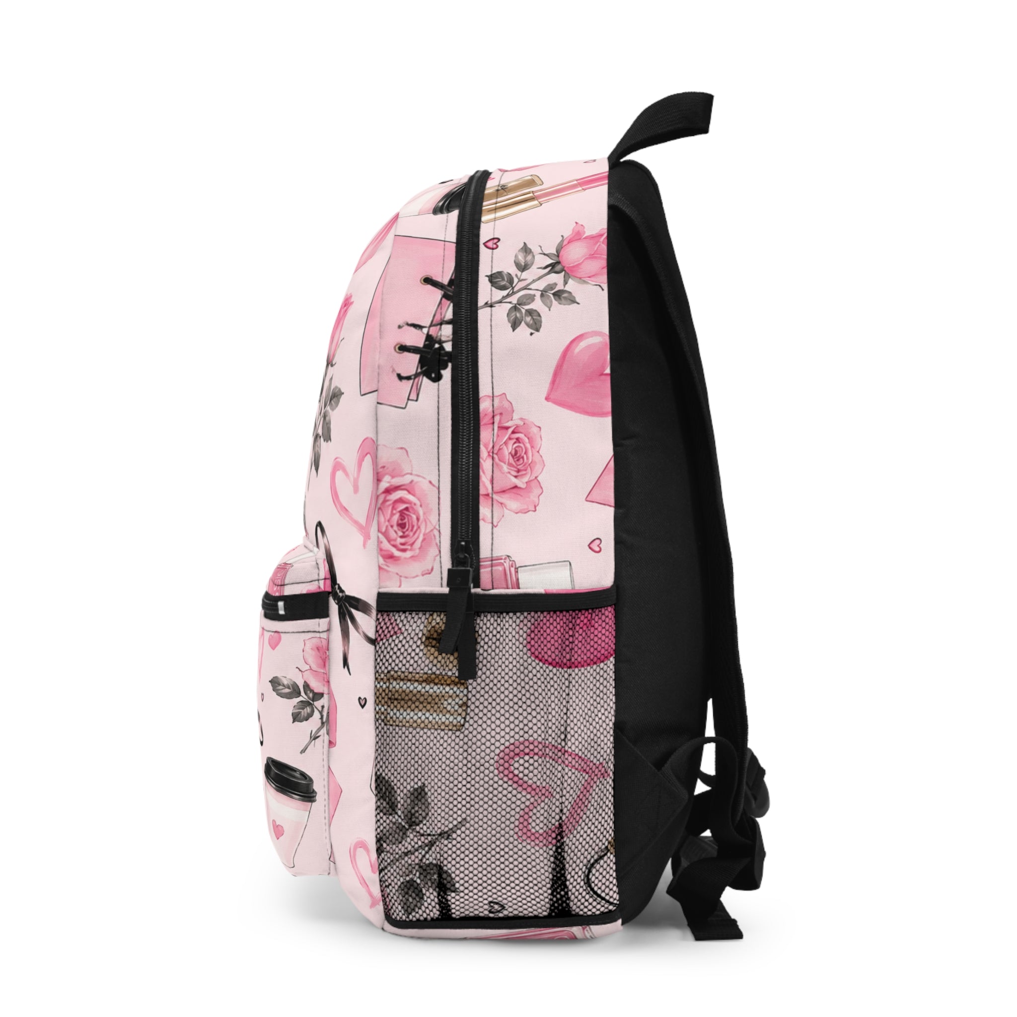 Pink Cosmetics Pattern Backpack — Cute Makeup & Hearts School Bag