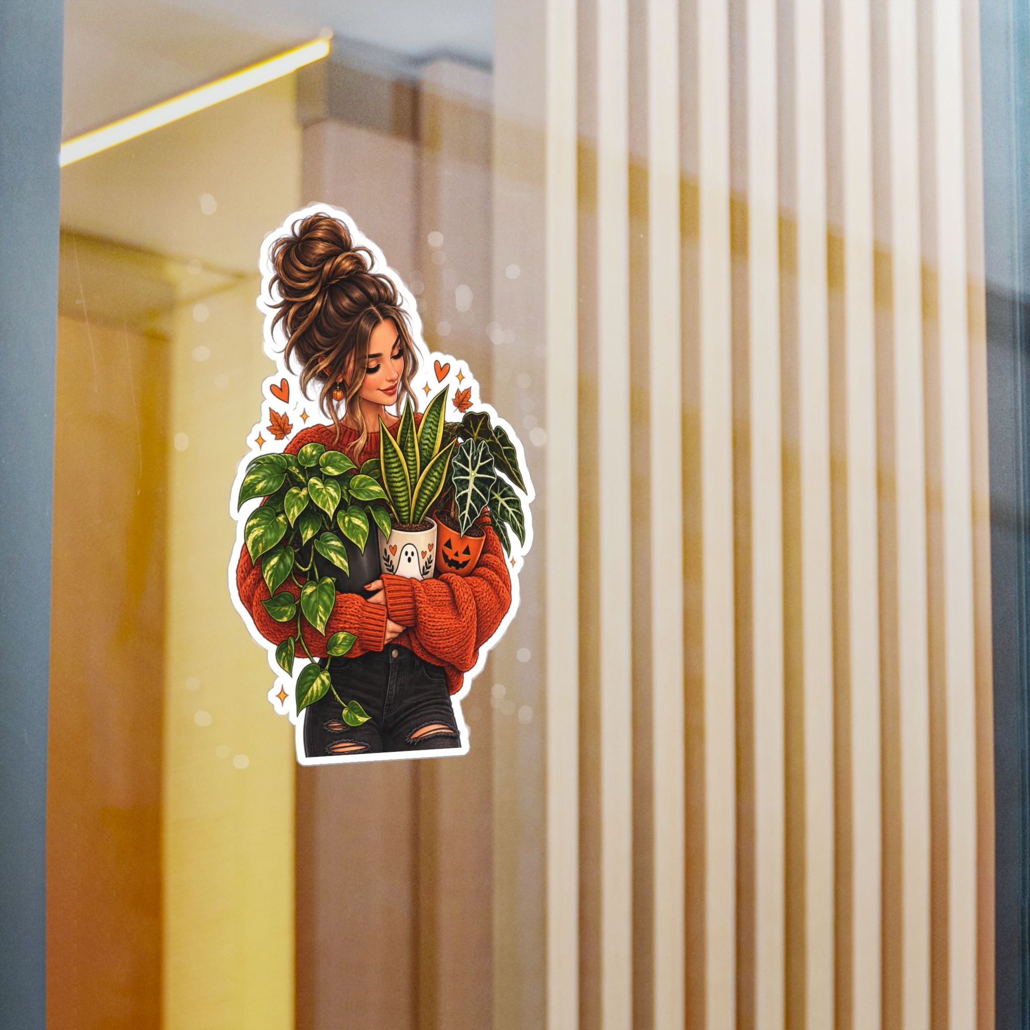 Plant Mom Kiss-Cut Vinyl Sticker — Cozy Girl Holding Houseplants (Fall/Autumn)