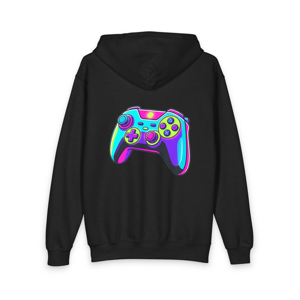 Youth Gamer Zip-Up Hoodie — Neon Retro Game Controller Design