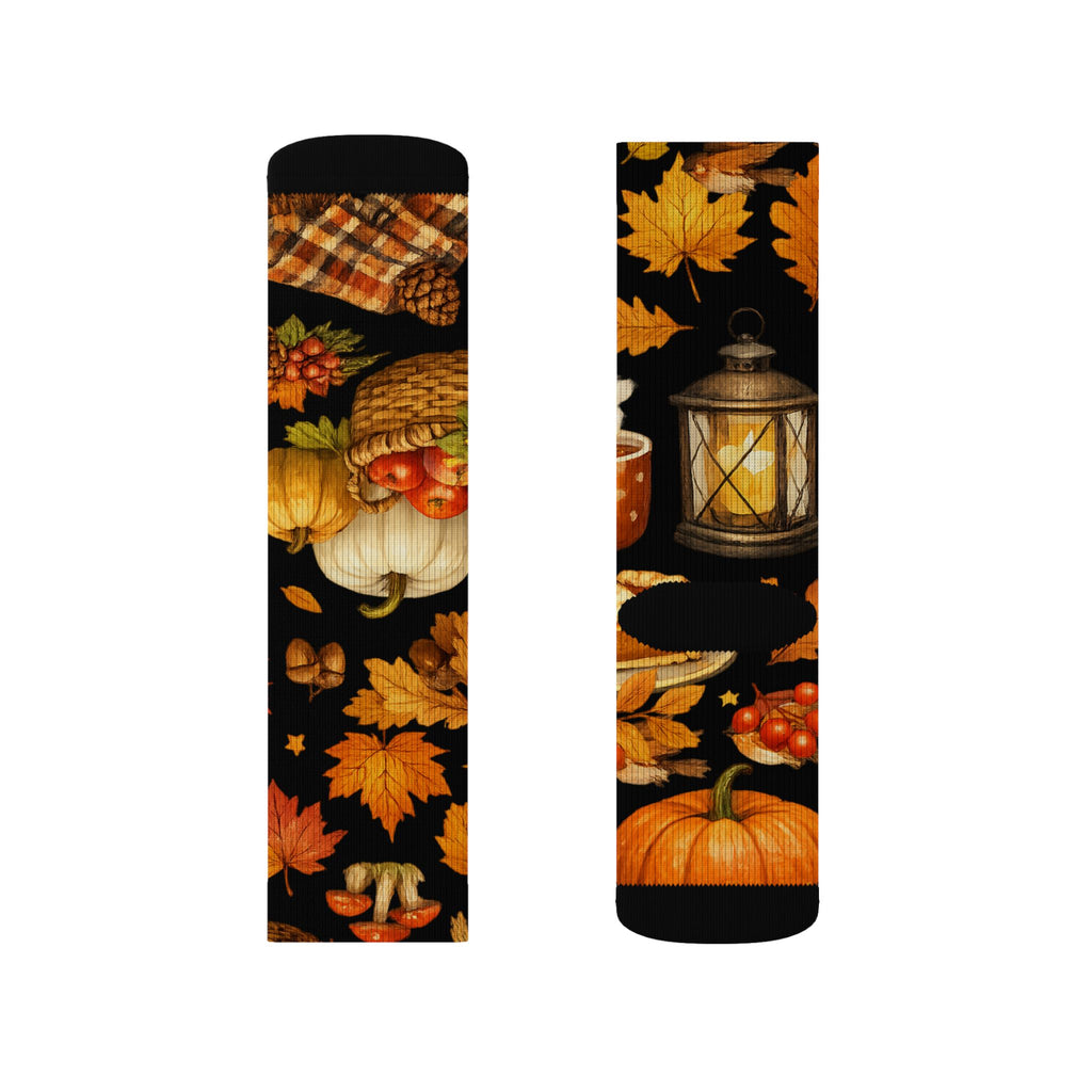 Autumn Harvest Sublimation Socks — Pumpkin Pie, Lanterns & Fall Leaves Pattern
