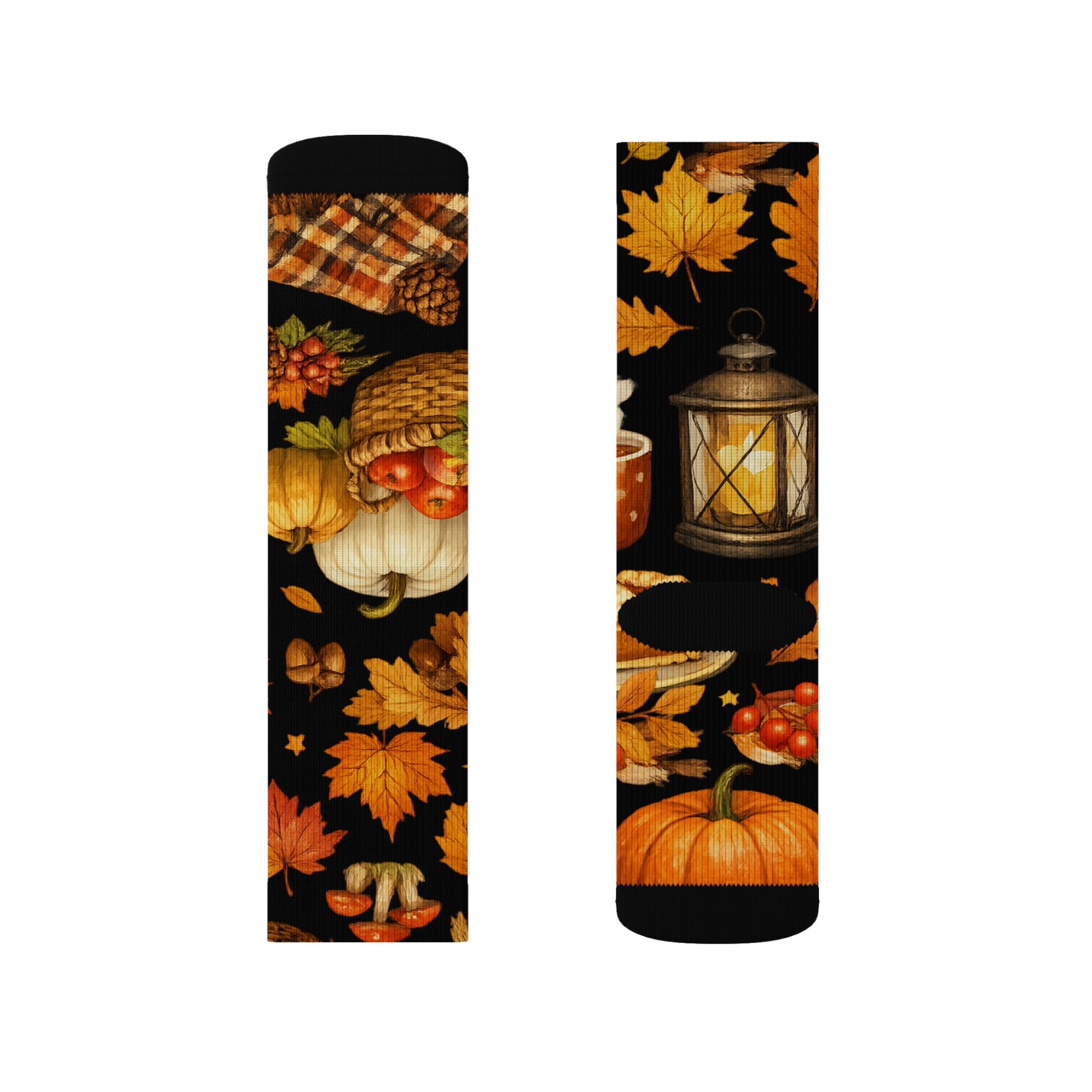 Autumn Harvest Sublimation Socks — Pumpkin Pie, Lanterns & Fall Leaves Pattern