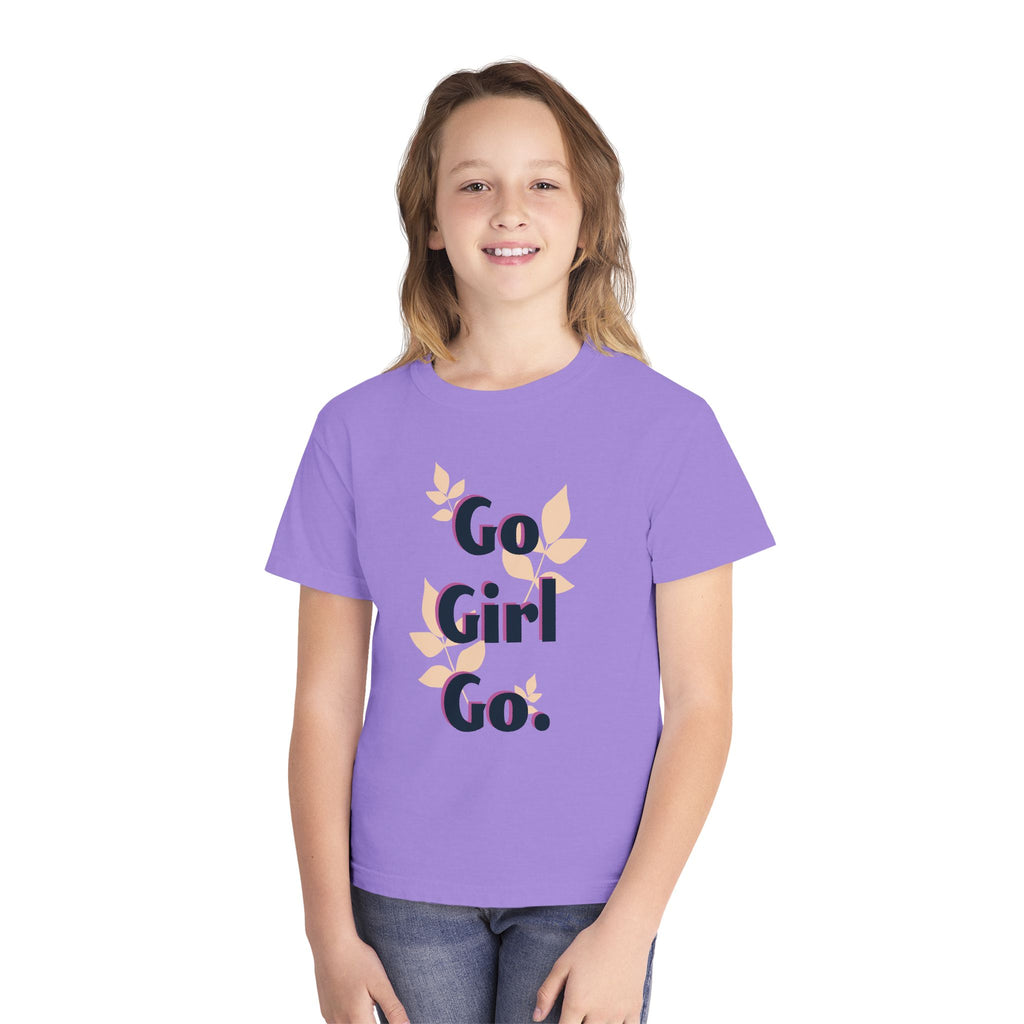 Go Girl Go Youth Tee — Motivational Floral Graphic Shirt for Girls