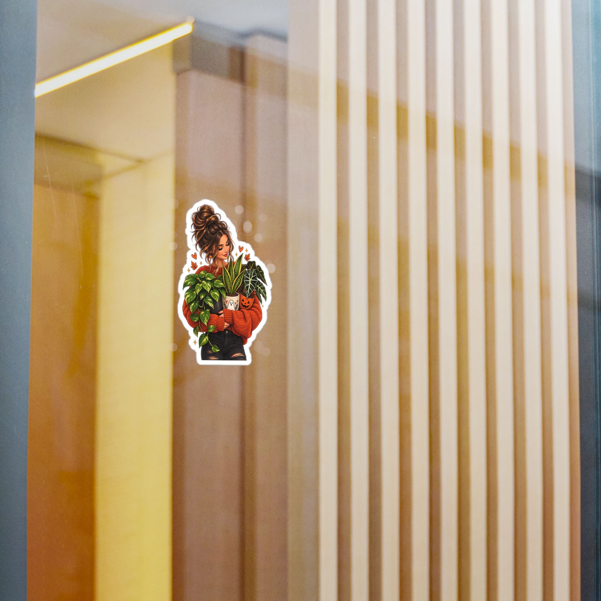 Plant Mom Kiss-Cut Vinyl Sticker — Cozy Girl Holding Houseplants (Fall/Autumn)