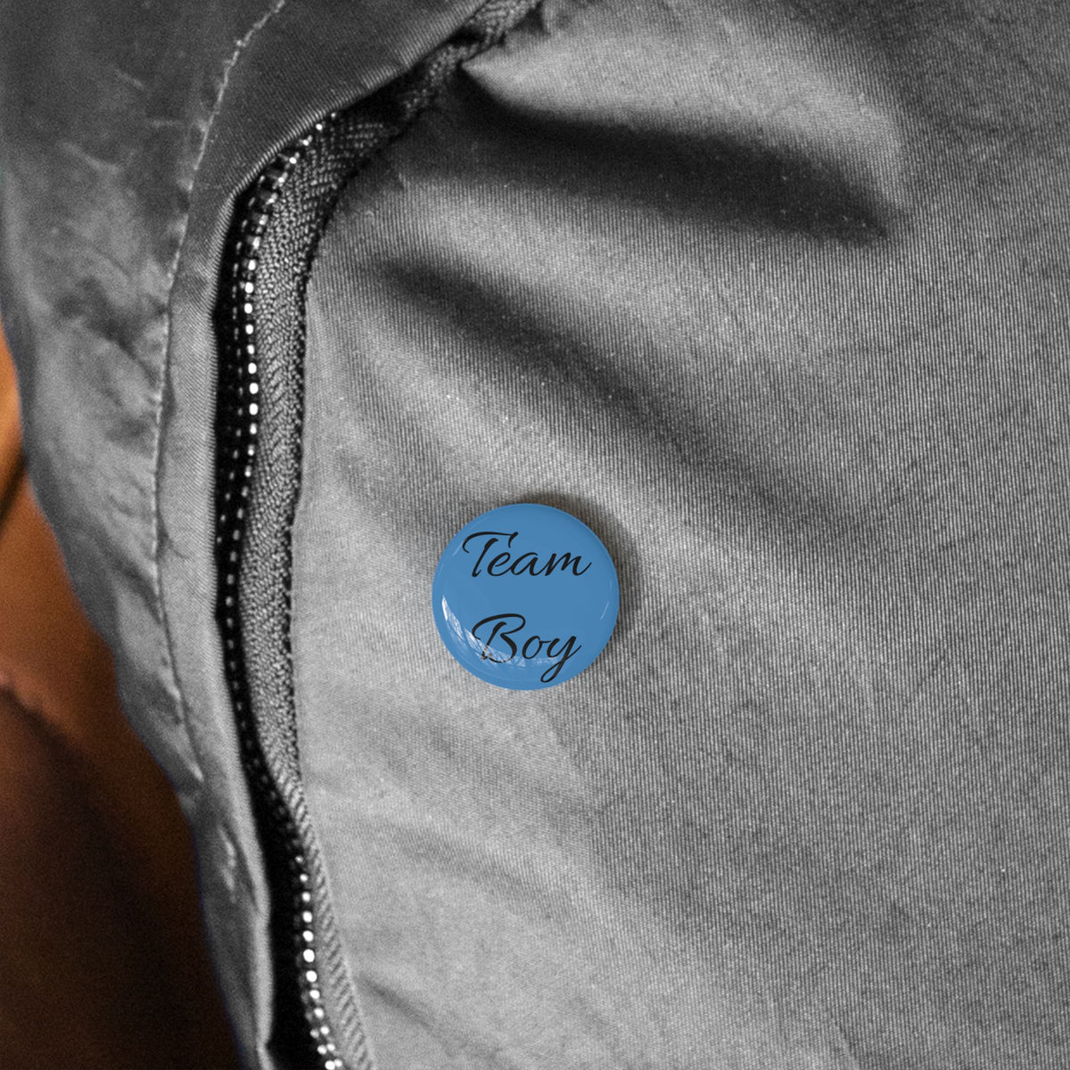 Team Boy Round Pin Button — Blue Gender Reveal/Announcement Accessory