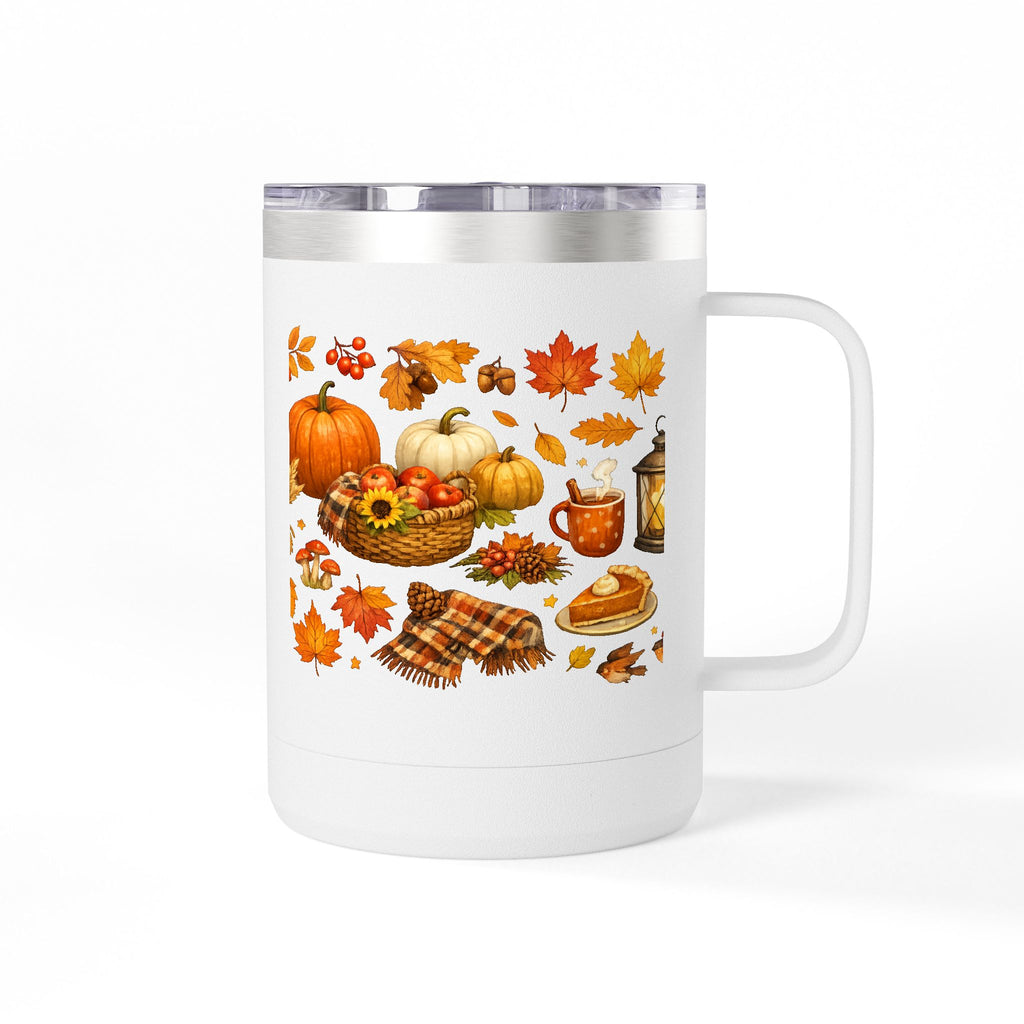 Autumn Harvest 15oz Travel Mug — Pumpkin, Leaves & Pie Fall Tumbler