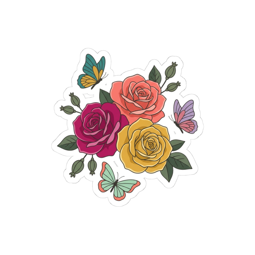 Floral Rose Bouquet Kiss-Cut Sticker — Colorful Roses & Butterflies Vinyl Decal