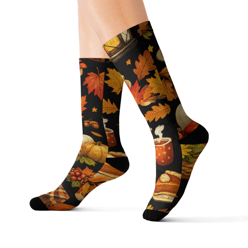 Autumn Harvest Sublimation Socks — Pumpkin Pie, Lanterns & Fall Leaves Pattern