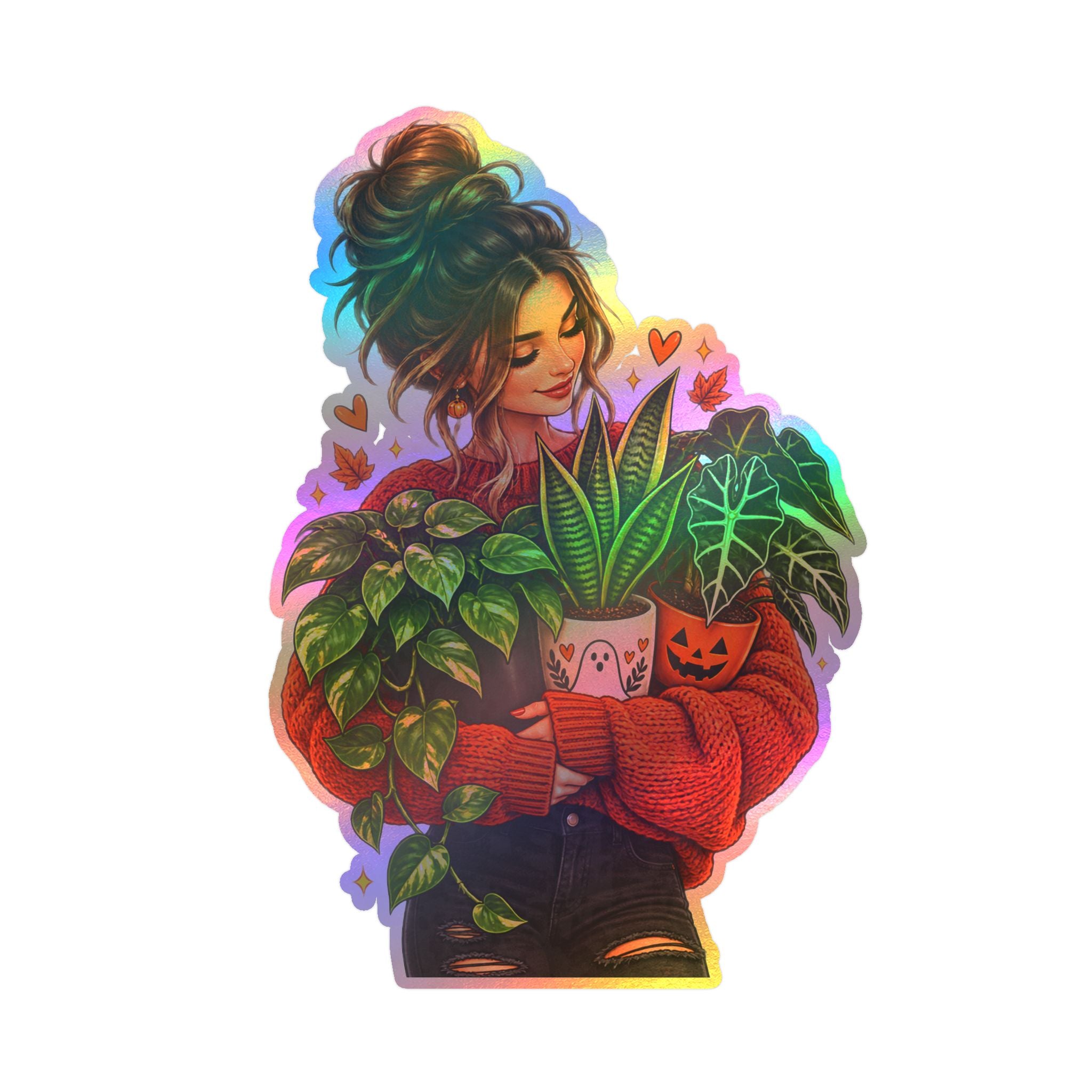 Plant Mom Kiss-Cut Vinyl Sticker — Cozy Girl Holding Houseplants (Fall/Autumn)