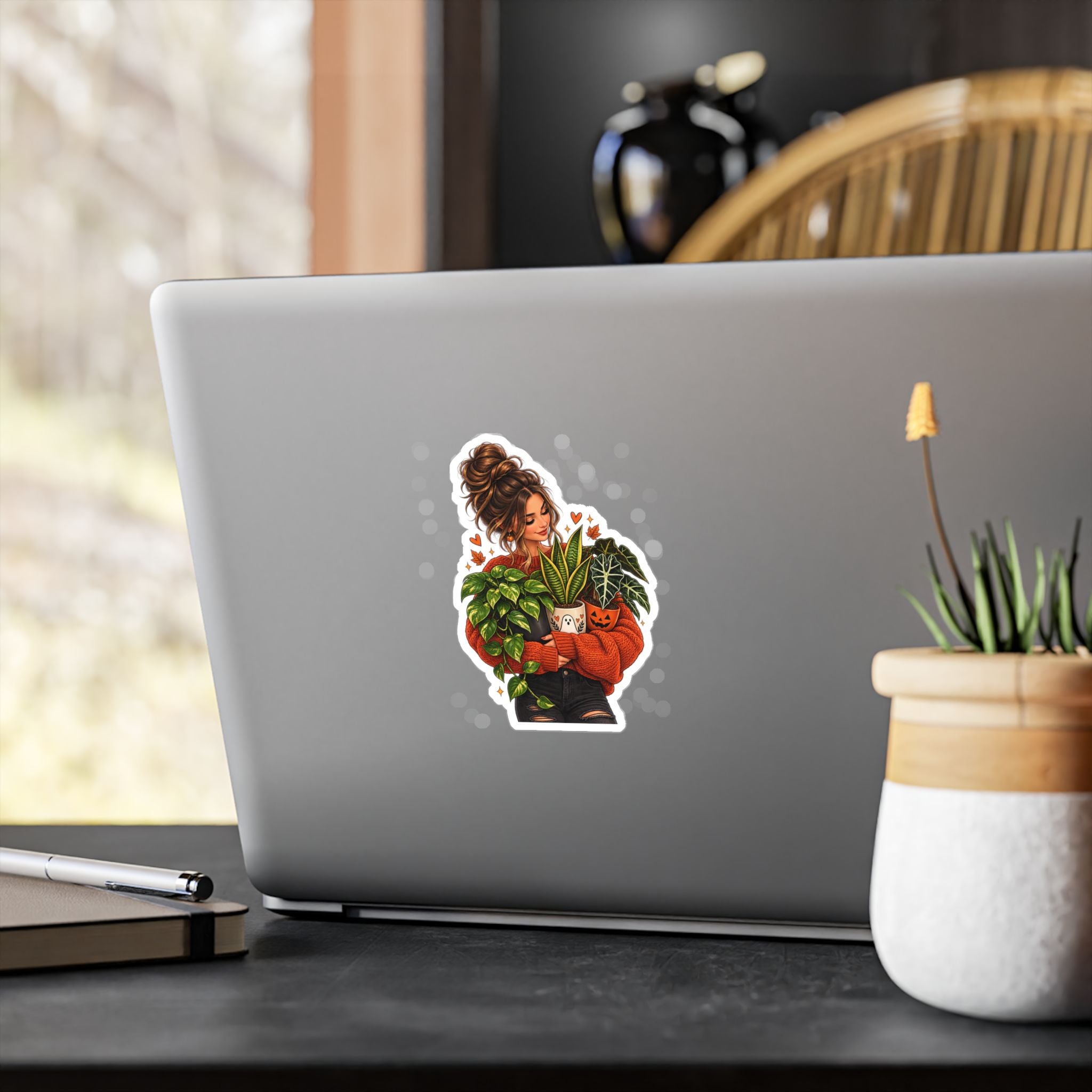 Plant Mom Kiss-Cut Vinyl Sticker — Cozy Girl Holding Houseplants (Fall/Autumn)