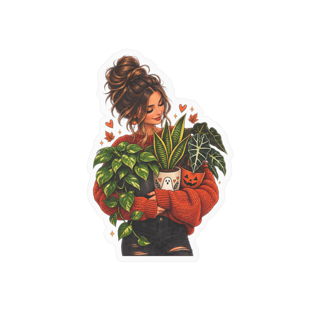 Plant Mom Kiss-Cut Vinyl Sticker — Cozy Girl Holding Houseplants (Fall/Autumn)