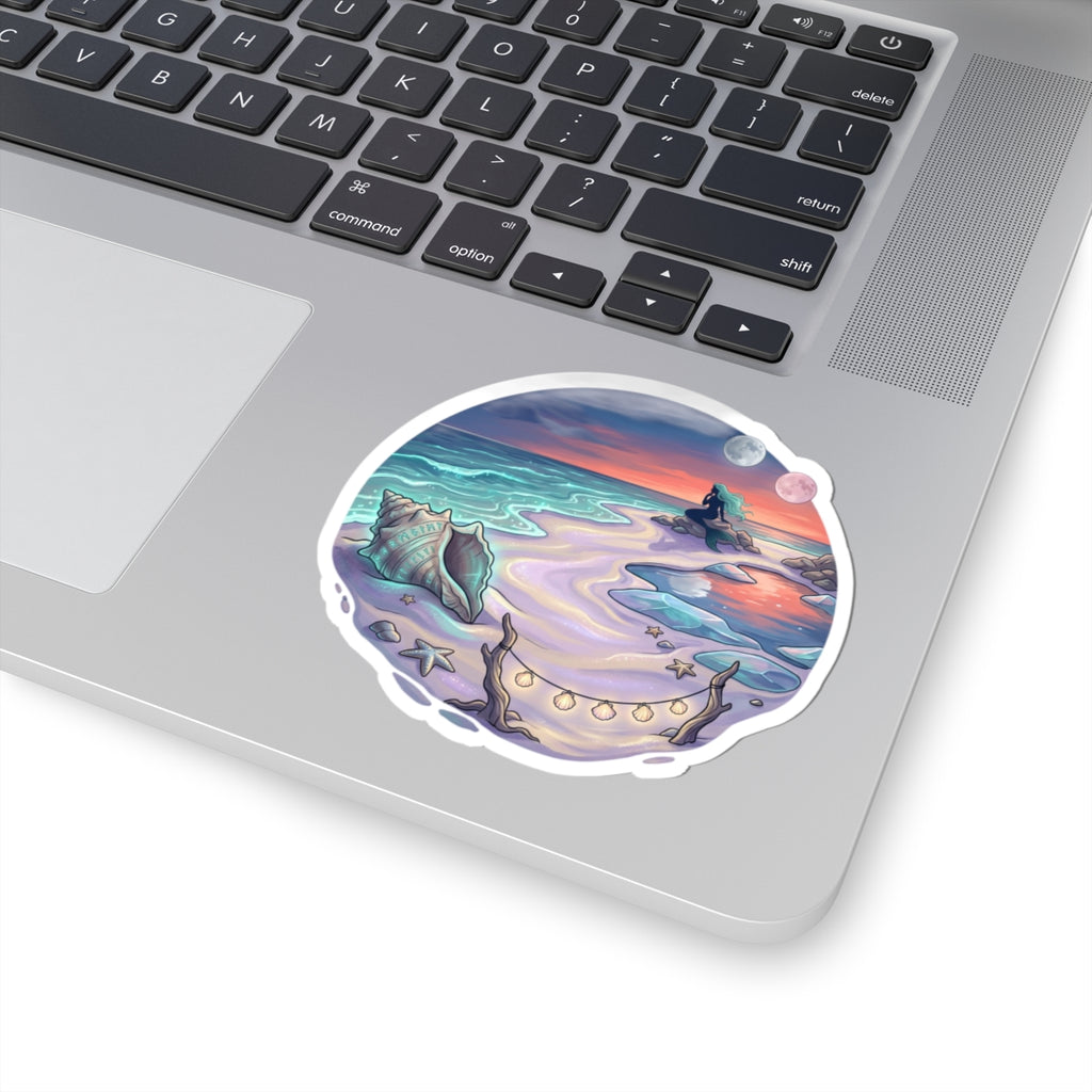 Seaside Mermaid Cove Sticker — Sunset Beach Kiss-Cut Vinyl