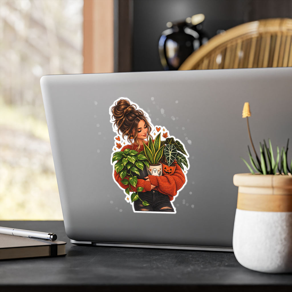 Plant Mom Kiss-Cut Vinyl Sticker — Cozy Girl Holding Houseplants (Fall/Autumn)