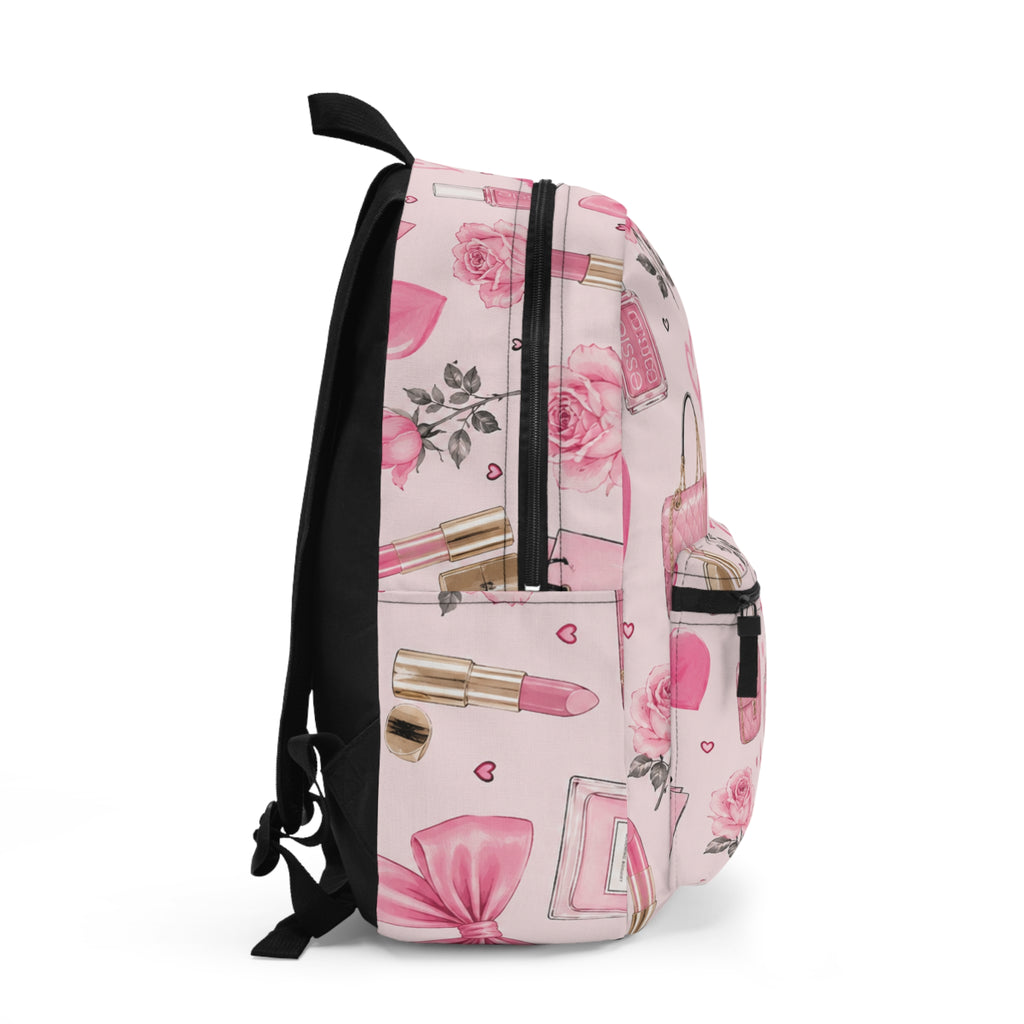 Pink Cosmetics Pattern Backpack — Cute Makeup & Hearts School Bag