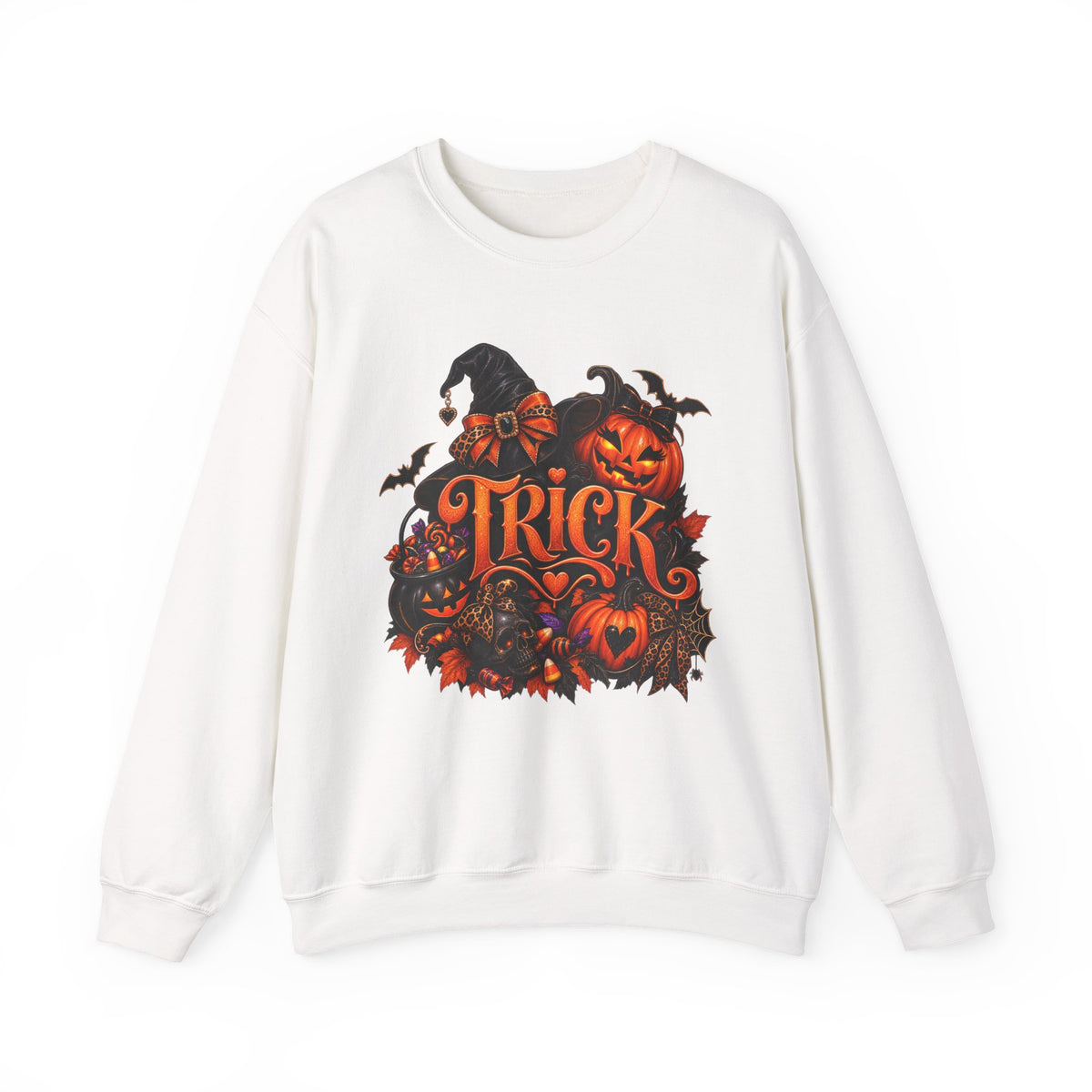 Halloween 'Trick' Crewneck Sweatshirt – Pumpkin, Witch Hat & Bat Fall Graphic