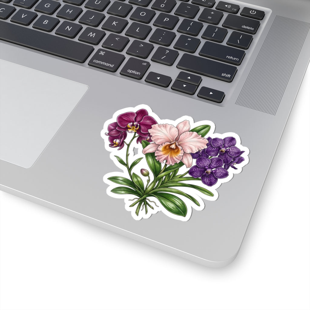 Orchid Bouquet Kiss-Cut Sticker — Purple & Pink Floral Laptop Decal