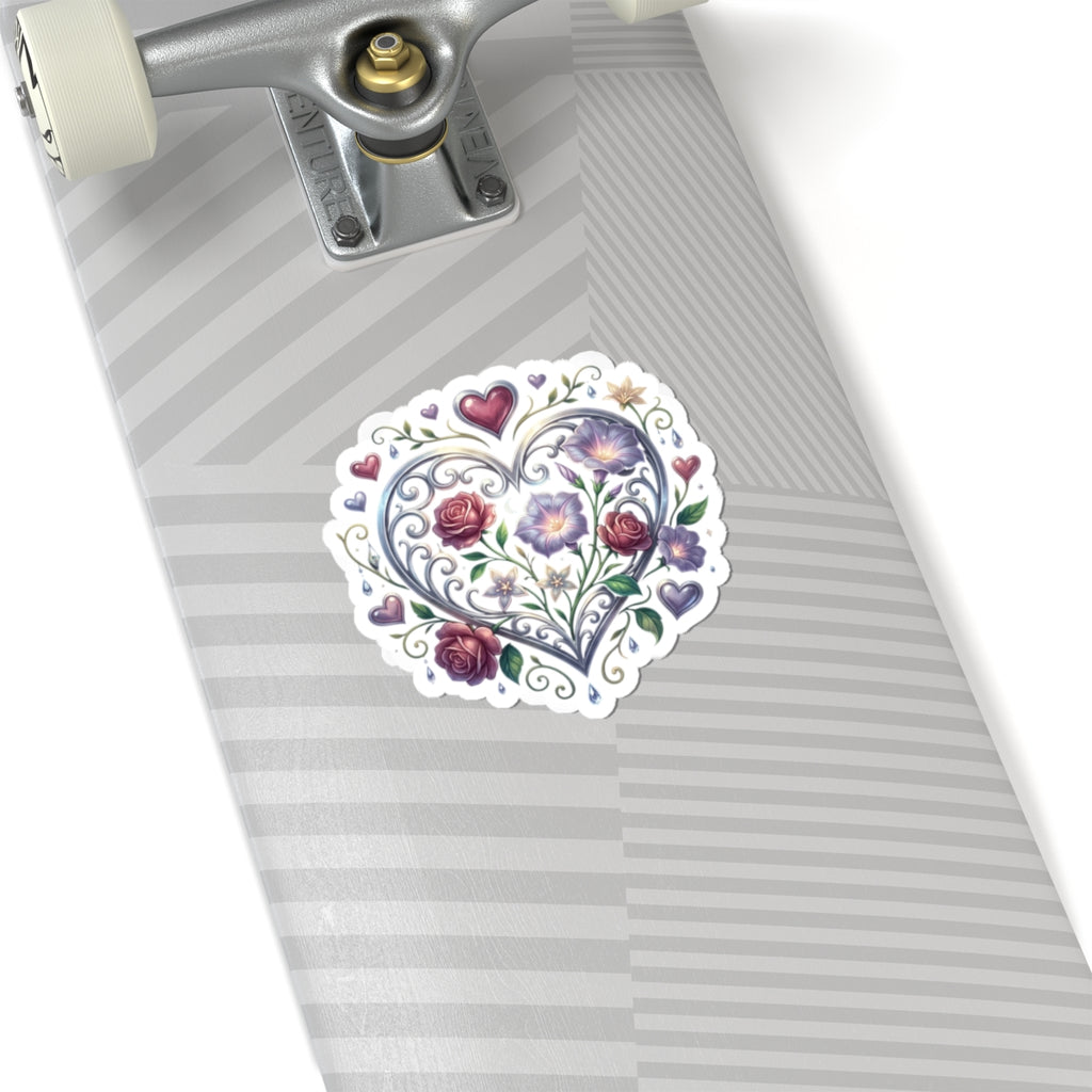 Floral Heart Kiss-Cut Sticker — Romantic Rose & Morning Glory Decorative Decal